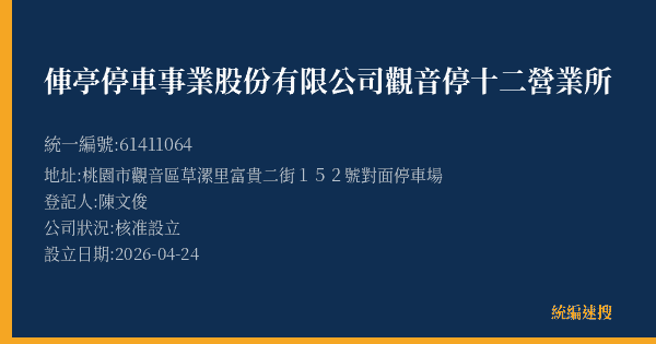 俥亭停車事業股份有限公司觀音停十二營業所的照片-統編 61411064(桃園市) 公司登記資料與營業項目詳細圖表