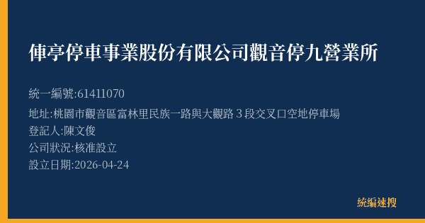 俥亭停車事業股份有限公司觀音停九營業所的照片-統編 61411070(桃園市) 公司登記資料與營業項目詳細圖表