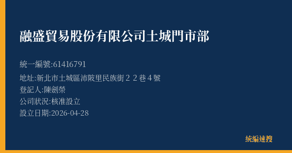 融盛貿易股份有限公司土城門市部的照片-統編 61416791(新北市) 公司登記資料與營業項目詳細圖表