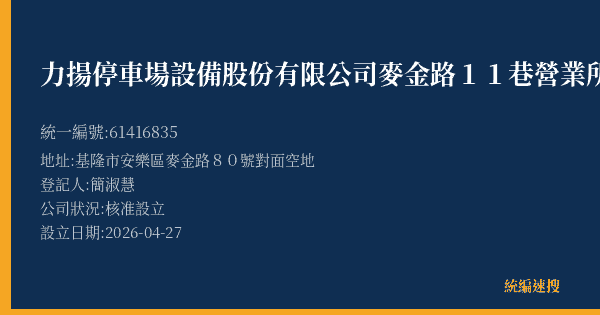 力揚停車場設備股份有限公司麥金路11巷營業所的照片-統編 61416835(基隆市) 公司登記資料與營業項目詳細圖表