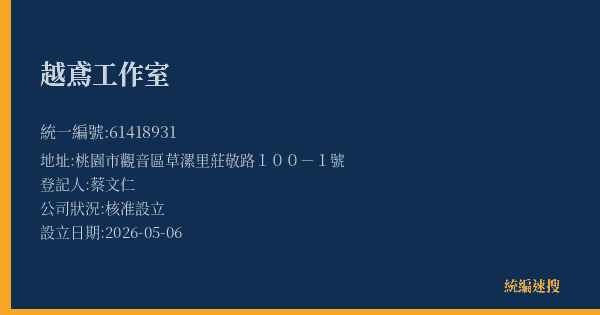 越鳶工作室的照片-統編 61418931(桃園市) 公司登記資料與營業項目詳細圖表