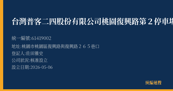 台灣普客二四股份有限公司桃園復興路第2停車場的照片-統編 61419002(桃園市) 公司登記資料與營業項目詳細圖表