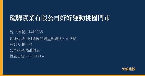 瓏驊實業有限公司好好運動桃園門市的照片-統編 61419039(桃園市) 公司登記資料與營業項目詳細圖表
