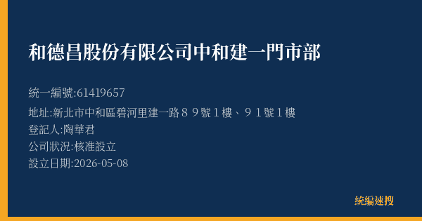 和德昌股份有限公司中和建一門市部的照片-統編 61419657(新北市) 公司登記資料與營業項目詳細圖表