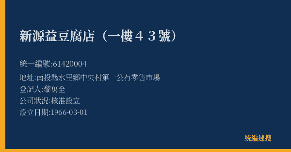 新源益豆腐店(一樓43號)的照片-統編 61420004(南投縣) 公司登記資料與營業項目詳細圖表