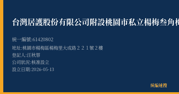 台灣居護股份有限公司附設桃園市私立楊梅叁角梅社區長照機構的照片-統編 61420802(桃園市) 公司登記資料與營業項目詳細圖表