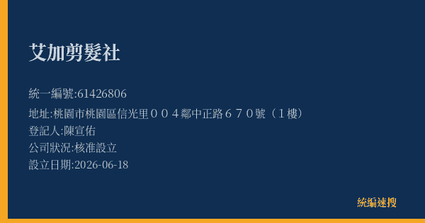 艾加剪髮社的照片-統編 61426806(桃園市) 公司登記資料與營業項目詳細圖表