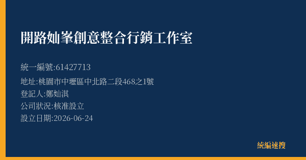 開路奾峯創意整合行銷工作室的照片-統編 61427713(桃園市) 公司登記資料與營業項目詳細圖表