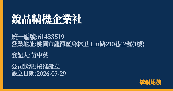 銳晶精機企業社的照片-統編 61433519(桃園市) 公司登記資料與營業項目詳細圖表