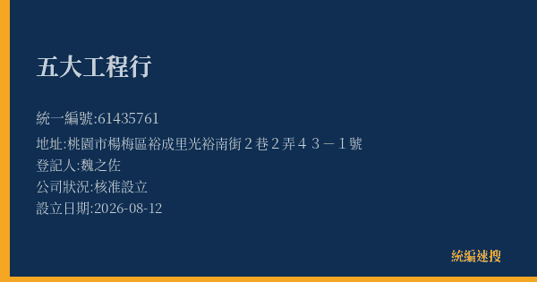 五大工程行的照片-統編 61435761(桃園市) 公司登記資料與營業項目詳細圖表