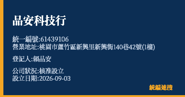 品安科技行的照片-統編 61439106(桃園市) 公司登記資料與營業項目詳細圖表