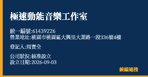 極速動能音樂工作室的照片-統編 61439226(桃園市) 公司登記資料與營業項目詳細圖表