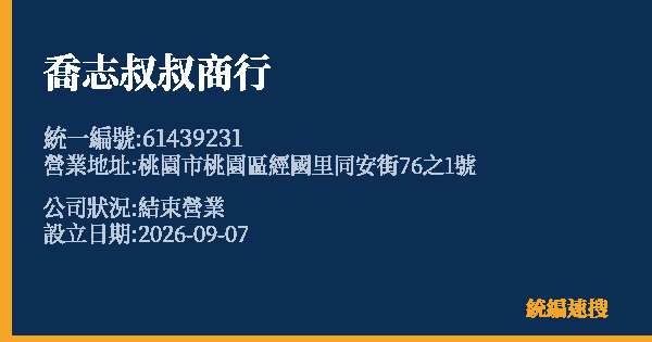 喬志叔叔商行的照片-統編 61439231(桃園市) 公司登記資料與營業項目詳細圖表