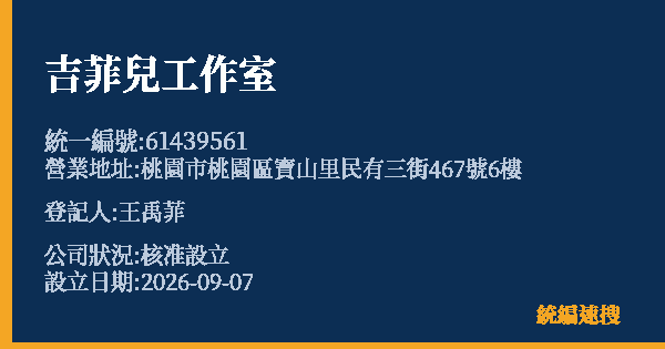 吉菲兒工作室的照片-統編 61439561(桃園市) 公司登記資料與營業項目詳細圖表
