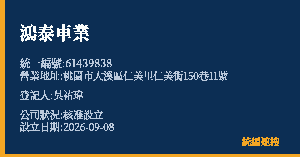 鴻泰車業的照片-統編 61439838(桃園市) 公司登記資料與營業項目詳細圖表