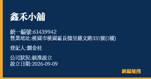 鑫禾小舖的照片-統編 61439942(桃園市) 公司登記資料與營業項目詳細圖表