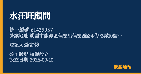 水汪旺顧問的照片-統編 61439957(桃園市) 公司登記資料與營業項目詳細圖表