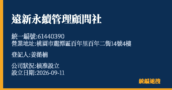 遠新永續管理顧問社的照片-統編 61440390(桃園市) 公司登記資料與營業項目詳細圖表
