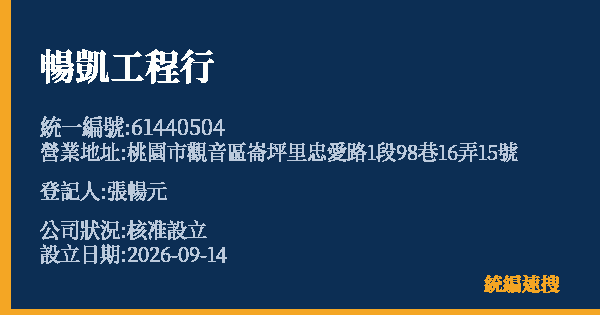 暢凱工程行的照片-統編 61440504(桃園市) 公司登記資料與營業項目詳細圖表
