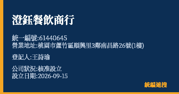 澄鈺餐飲商行的照片-統編 61440645(桃園市) 公司登記資料與營業項目詳細圖表