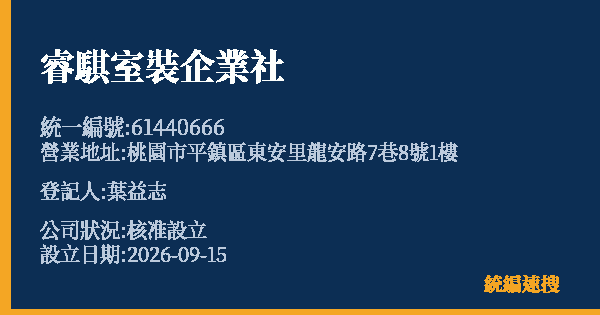睿騏室裝企業社的照片-統編 61440666(桃園市) 公司登記資料與營業項目詳細圖表