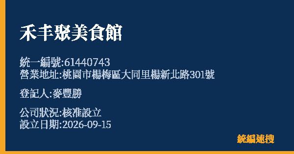 禾丰聚美食館的照片-統編 61440743(桃園市) 公司登記資料與營業項目詳細圖表