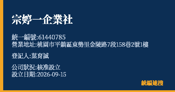 宗婷一企業社的照片-統編 61440785(桃園市) 公司登記資料與營業項目詳細圖表