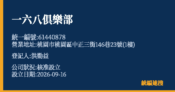 一六八俱樂部的照片-統編 61440878(桃園市) 公司登記資料與營業項目詳細圖表