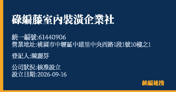 碌編藤室內裝潢企業社的照片-統編 61440906(桃園市) 公司登記資料與營業項目詳細圖表