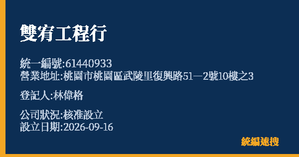 雙宥工程行的照片-統編 61440933(桃園市) 公司登記資料與營業項目詳細圖表