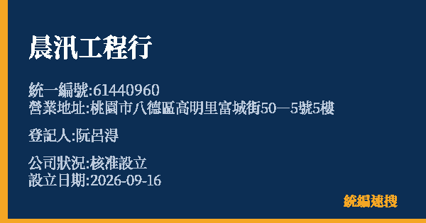 晨汛工程行的照片-統編 61440960(桃園市) 公司登記資料與營業項目詳細圖表