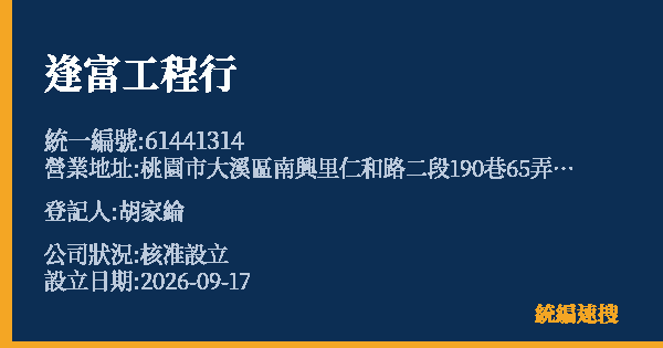 逢富工程行的照片-統編 61441314(桃園市) 公司登記資料與營業項目詳細圖表