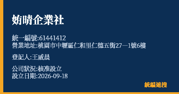 姷晴企業社的照片-統編 61441412(桃園市) 公司登記資料與營業項目詳細圖表