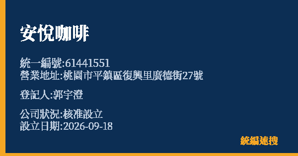 安悅咖啡的照片-統編 61441551(桃園市) 公司登記資料與營業項目詳細圖表