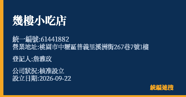 幾樓小吃店的照片-統編 61441882(桃園市) 公司登記資料與營業項目詳細圖表