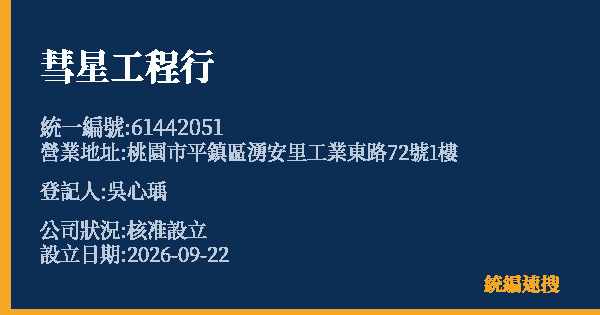 彗星工程行的照片-統編 61442051(桃園市) 公司登記資料與營業項目詳細圖表
