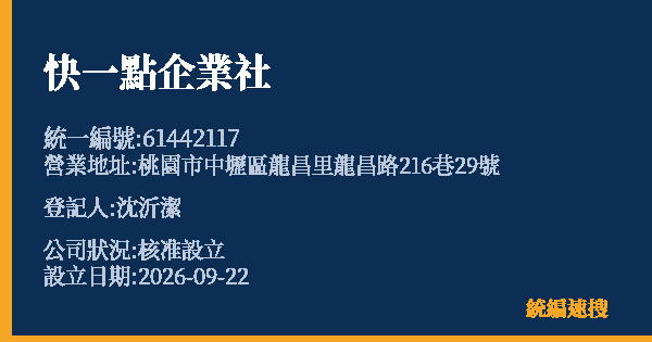 快一點企業社的照片-統編 61442117(桃園市) 公司登記資料與營業項目詳細圖表