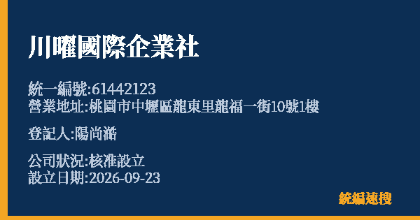 川曜國際企業社的照片-統編 61442123(桃園市) 公司登記資料與營業項目詳細圖表