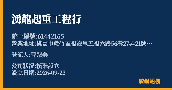 湧龍起重工程行的照片-統編 61442165(桃園市) 公司登記資料與營業項目詳細圖表