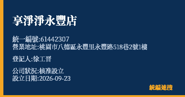 享淨淨永豐店的照片-統編 61442307(桃園市) 公司登記資料與營業項目詳細圖表