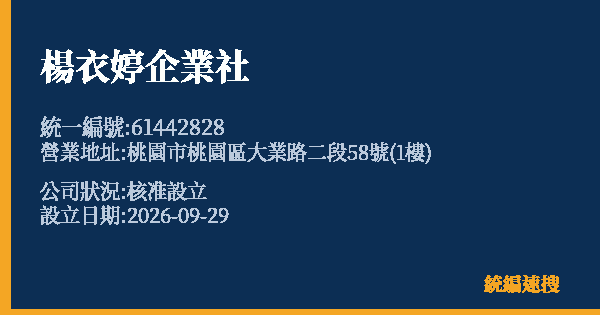楊衣婷企業社的照片-統編 61442828(桃園市) 公司登記資料與營業項目詳細圖表