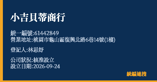 小吉貝蒂商行的照片-統編 61442849(桃園市) 公司登記資料與營業項目詳細圖表