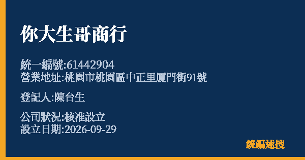 你大生哥商行的照片-統編 61442904(桃園市) 公司登記資料與營業項目詳細圖表