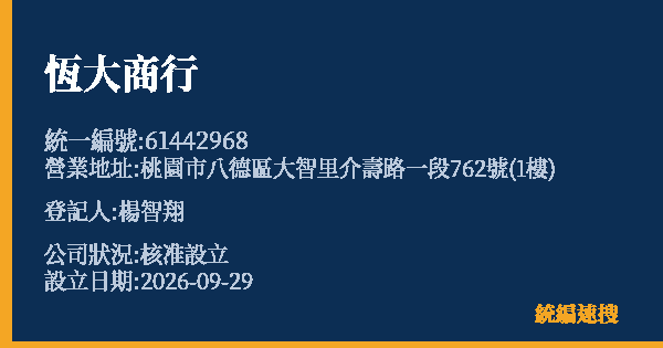 恆大商行的照片-統編 61442968(桃園市) 公司登記資料與營業項目詳細圖表