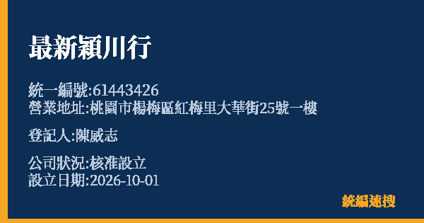 最新穎川行的照片-統編 61443426(桃園市) 公司登記資料與營業項目詳細圖表