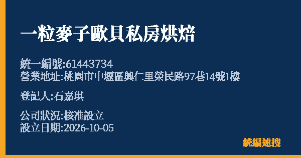 一粒麥子歐貝私房烘焙的照片-統編 61443734(桃園市) 公司登記資料與營業項目詳細圖表