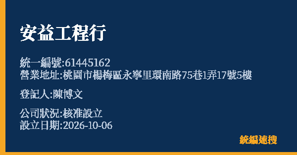 安益工程行的照片-統編 61445162(桃園市) 公司登記資料與營業項目詳細圖表