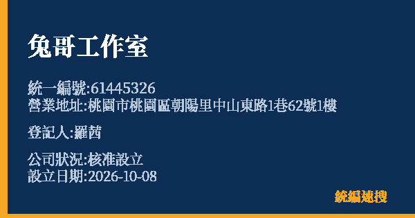 兔哥工作室的照片-統編 61445326(桃園市) 公司登記資料與營業項目詳細圖表