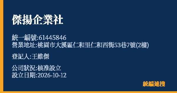傑揚企業社的照片-統編 61445846(桃園市) 公司登記資料與營業項目詳細圖表