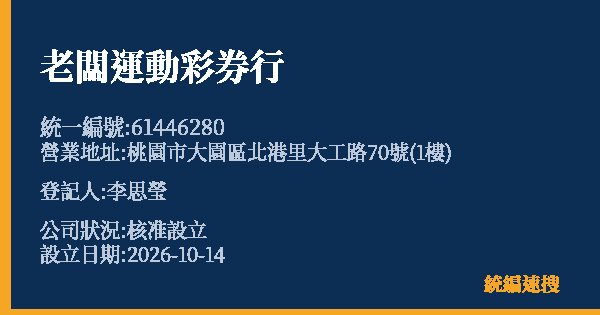 老闆運動彩券行的照片-統編 61446280(桃園市) 公司登記資料與營業項目詳細圖表